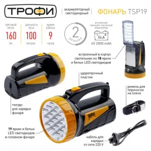 Фонарь прожектор Трофи TSP19 Акку 4V2Ah, 19+18xLED, ЗУ 220V, карт