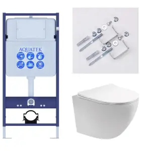 Унитаз подвесной AQUATEK ЕВРОПА Т (AQ1900T-00) с инсталляцией Standart 50 (INS-0000012), с тонким сиденьем soft-close, с крепежом без клавиши смыва